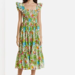 MILLE, OLYMPIA DRESS, SUMMER GARDEN, Worn once, XS, Smocked Midi, multicolor